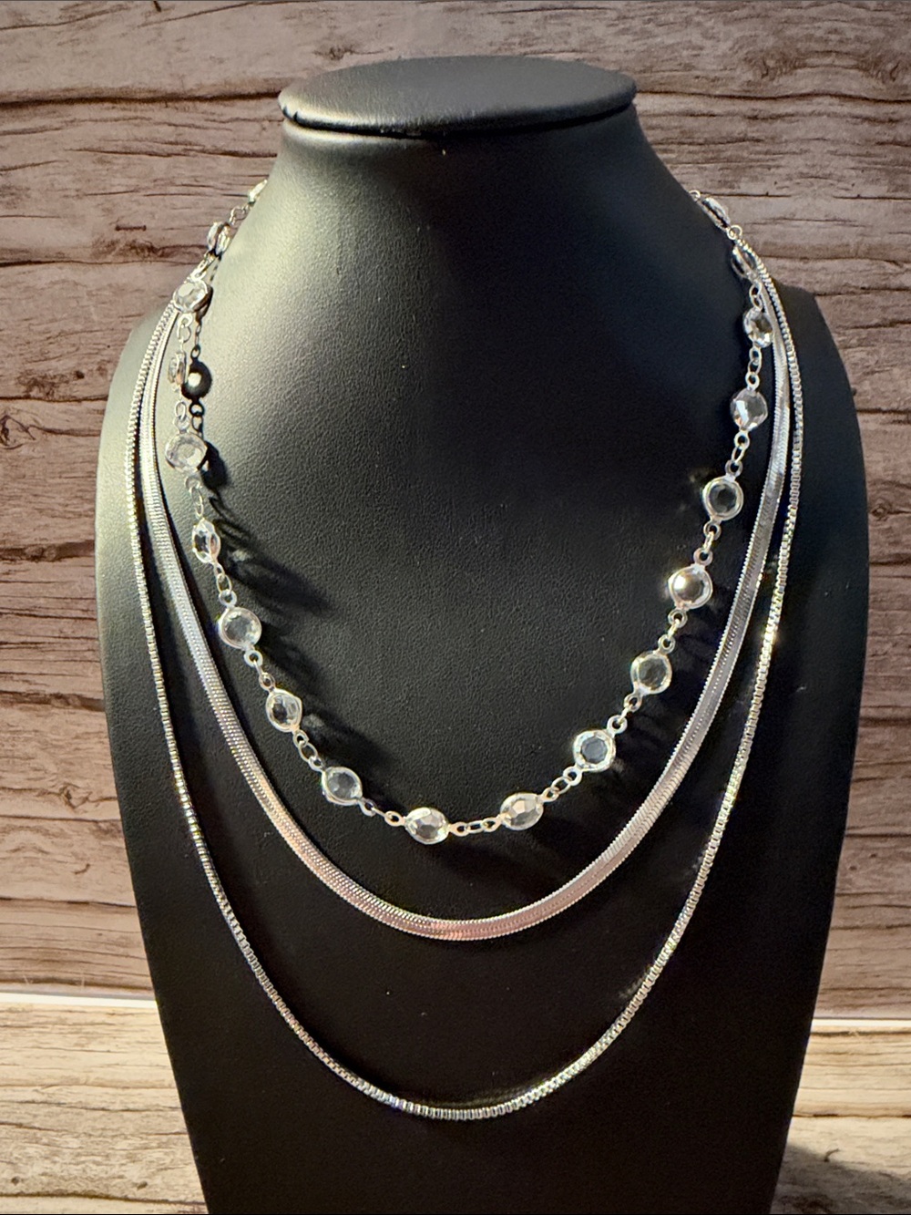 Layered silver snake chain necklace with clear crystal accents 3 in 1 necklace